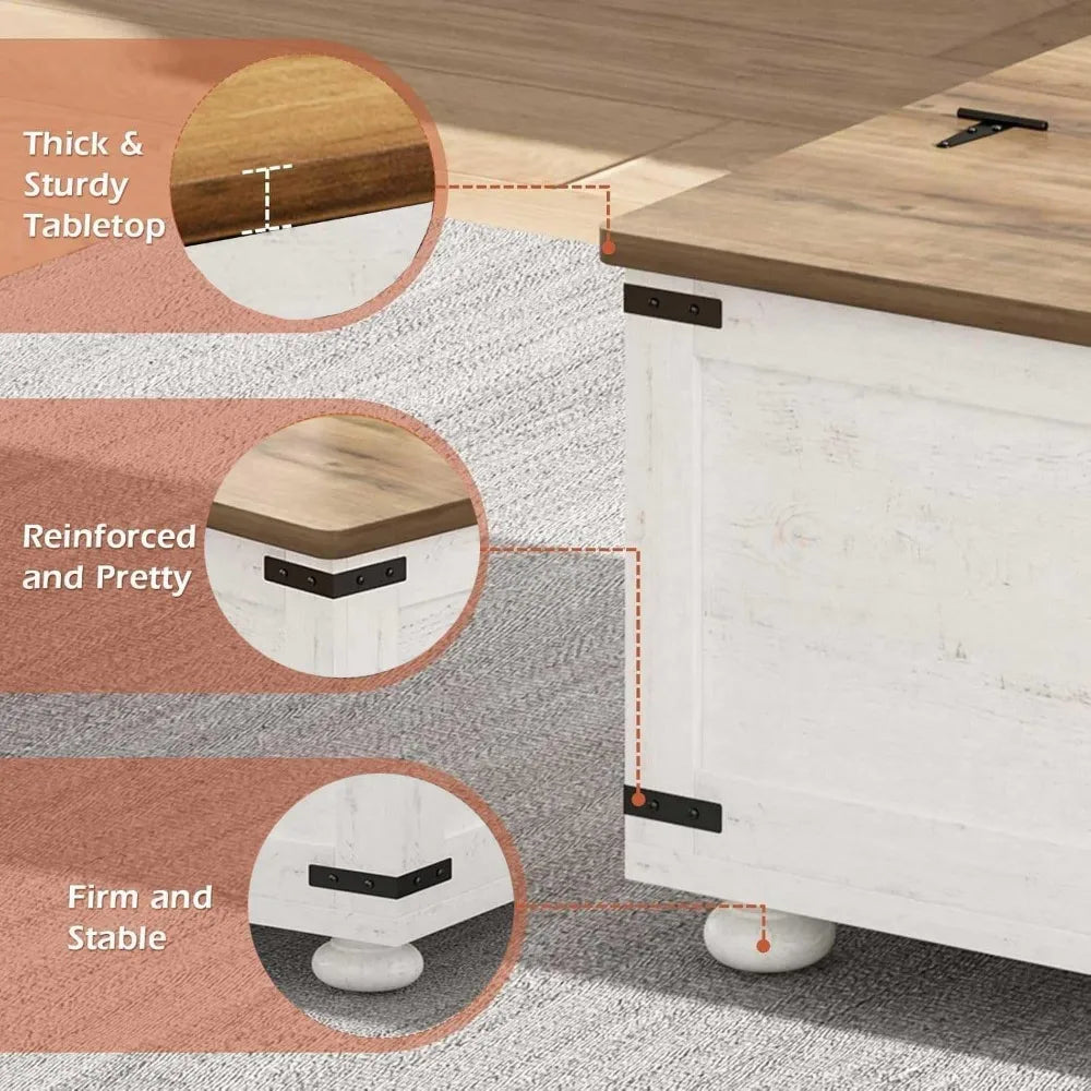 White Farmhouse Coffee Table with Storage, Square Lift Top Coffee Table with Hydraulic and Wood Gourd Feet for Living Room, Whit
