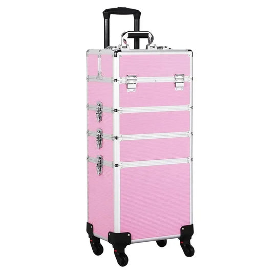 Portable Rolling Makeup Train Case with 4 Wheels, Detachable, Pink, Professional Organizer for Travel