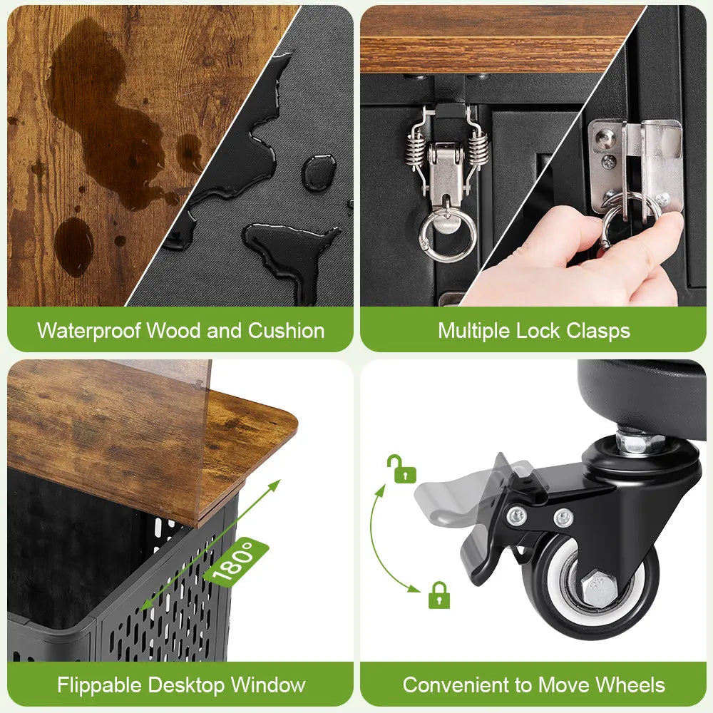 Dog Crate Pet Furniture with Cushion Wood Dog Kennel with Flexible Wheels Multi-Purpose Dog Cage for Large Small Medium Dogs