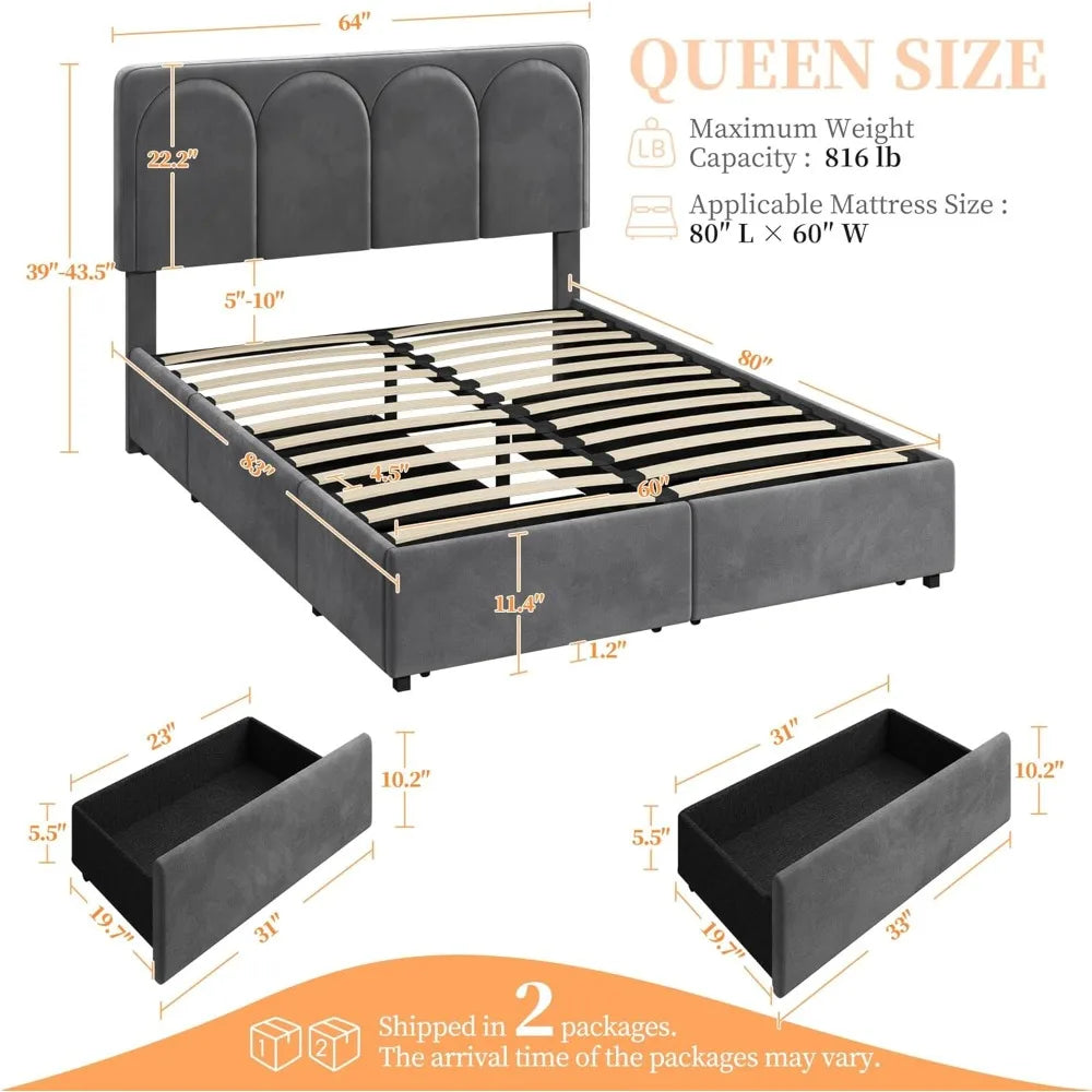 Yaheetech Queen Bed Frame Upholstered Platform Bed with 4 Drawers Storage and Adjustable Headboard,Arch Channel Tufted Headboard