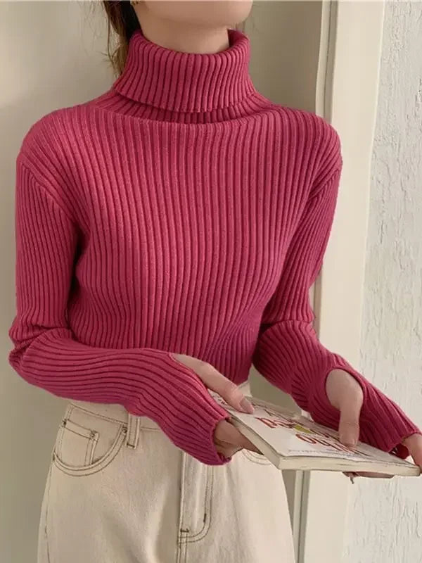 Autumn Winter Warm Thick Women Sweater Pullover Basic Korea Ribbed Sweaters Cotton Tops Knitted Solid Turtleneck with Thumb Hole