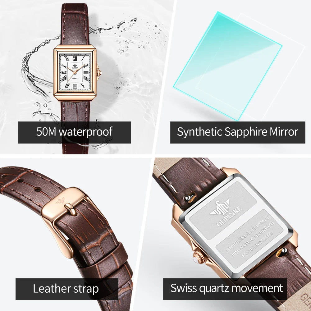 OUPINKE 3182 Simple Womens Watches Elegant Rectangular Dial Quartz Watch Leather strap Date Waterproof Original Lady Wristwatch