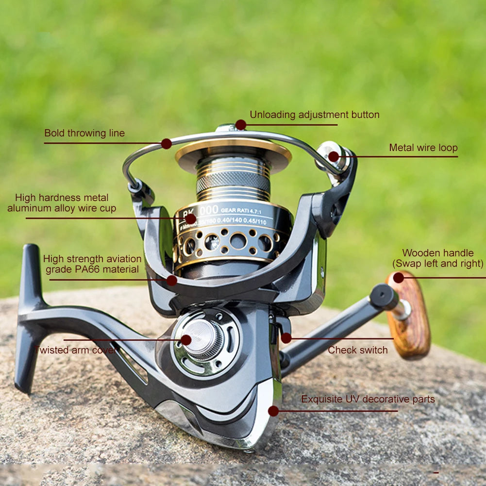 Spinning Reels Saltwater Freshwater Casting Fishing Reel Tackle with Wood Handle Max Drag Power Fishing Reel for Freshwater