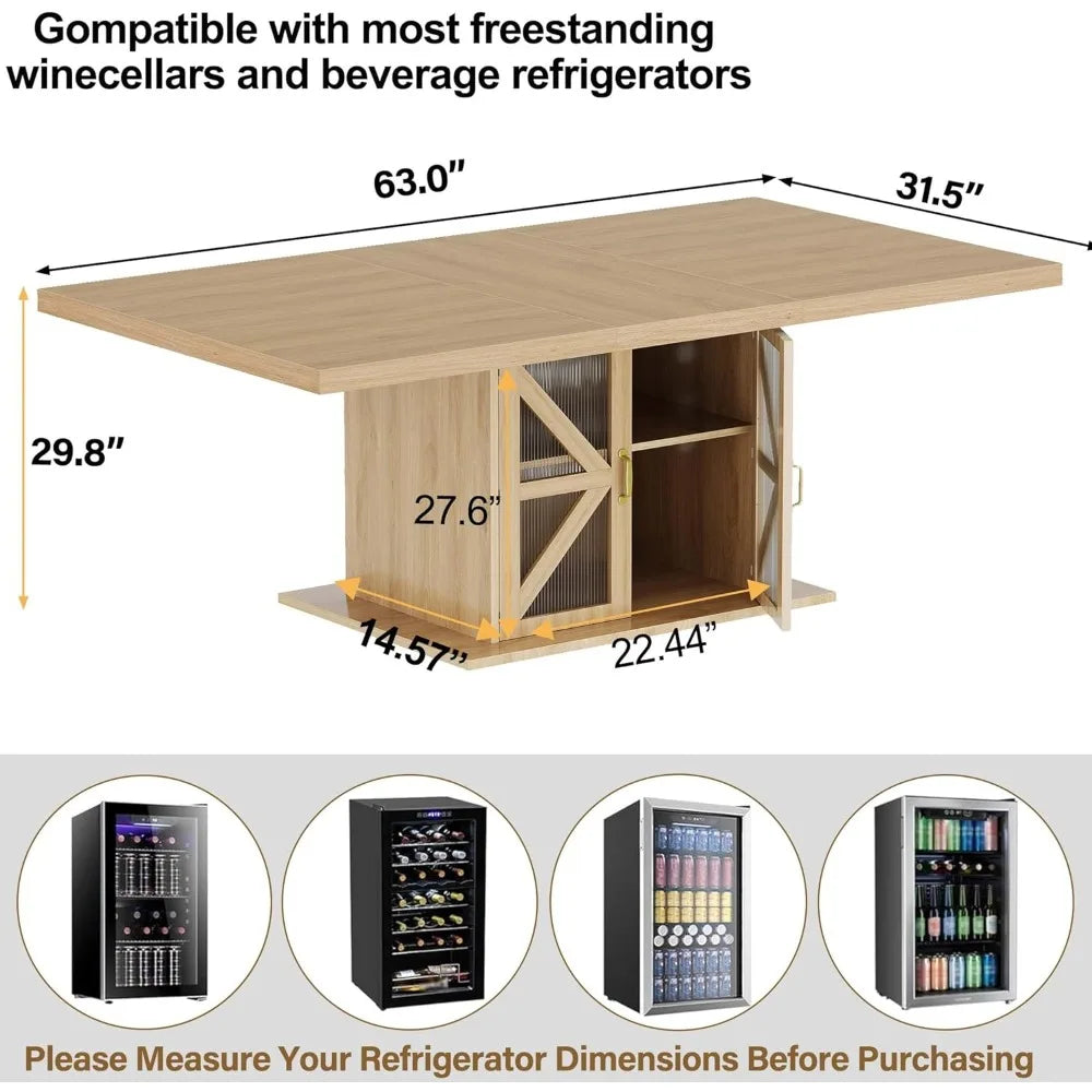 Large Modern Rectangular Farmhouse Dining Table with Storage for 4-6, Wood Kitchen Table featuring Fridge Space