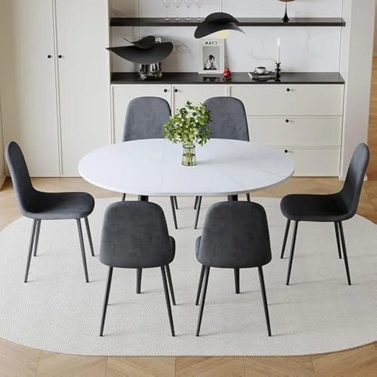 "Round Extendable Dining Table Set for 6 with Upholstered Chairs in White Kitchen Style"
