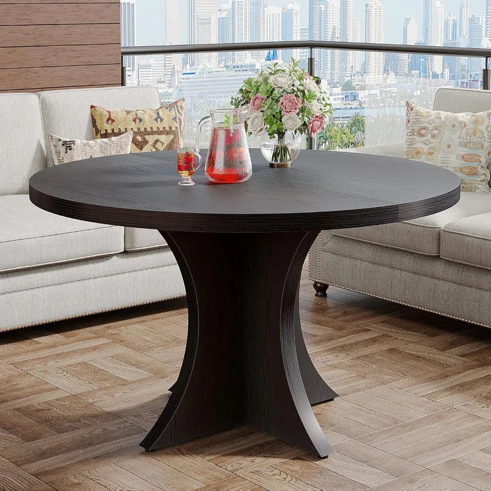 Round Dining Table for 4-6, 47.24-Inch Farmhouse Kitchen Table, Wood Dining Table with Pedestal Base, Small Dinner Table for Di