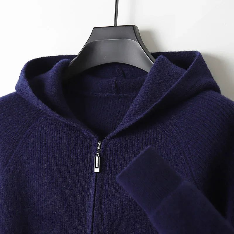 Men 100% Merino Wool Sweater Hooded Zipper Cardigan Autumn Winter Thickened Knit Large-size Jacket Long Sleeved Sportswear Coat