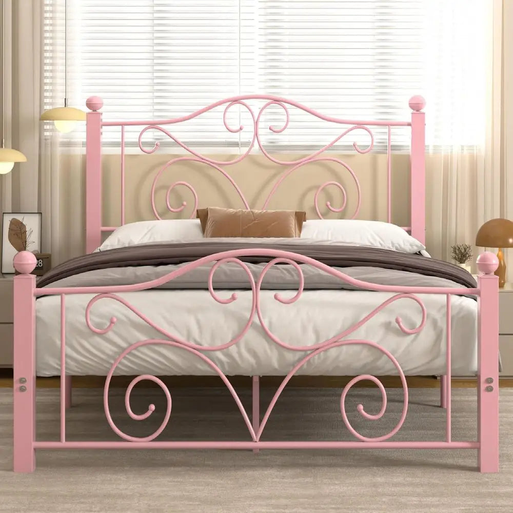 Queen Size Metal Bed Frame with Headboard & Footboard, Slat Support, No Box Spring, Easy Assembly, Light Pink
