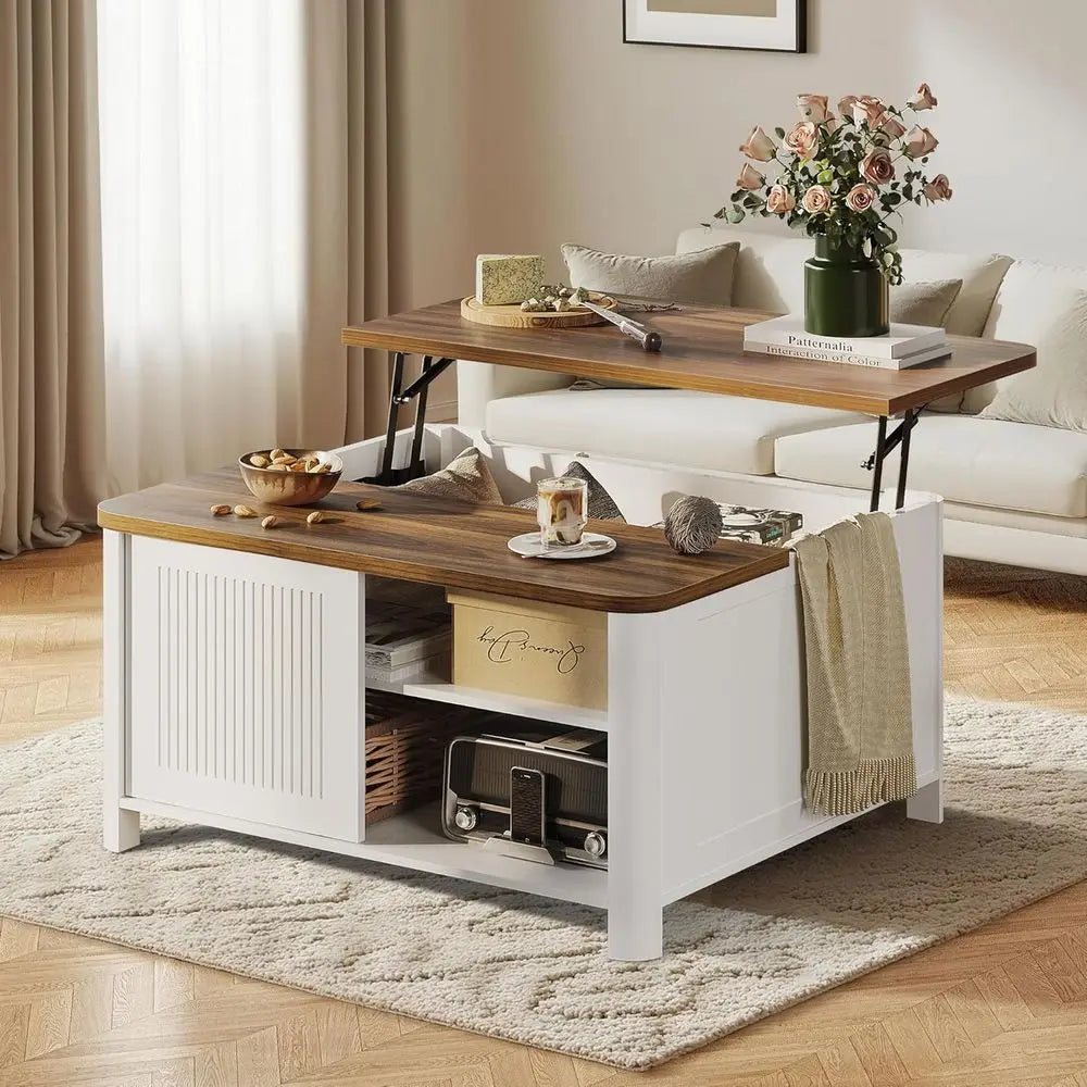Mid-Century Modern Lift-Top Coffee Table with Storage, 31.5 Square, White, for Living Room with Hidden Compartment & Adjustable