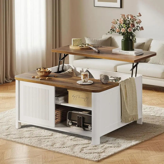Mid-Century Modern Lift-Top Coffee Table with Storage, 31.5 Square, White, for Living Room with Hidden Compartment & Adjustable