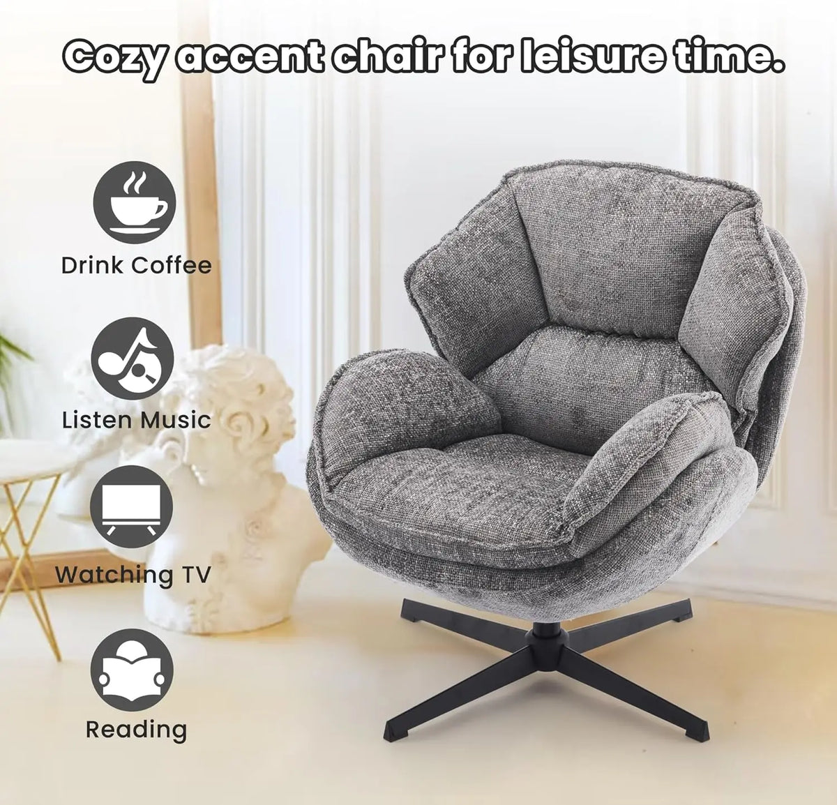 Swivel Accent Chair, Upholstered Armchair with Metal Legs, Gray