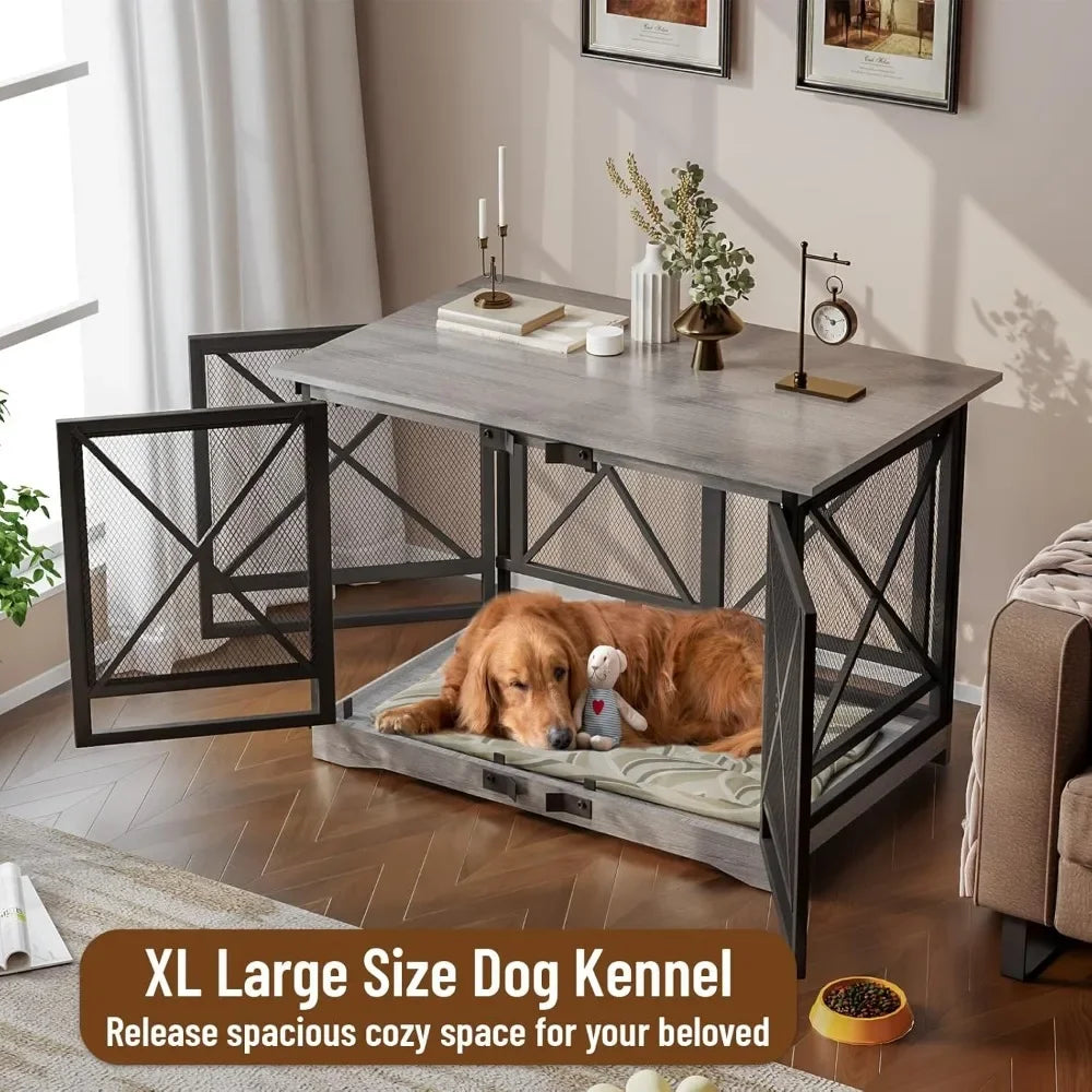 Large Dog Crate Furniture - 48 inch Heavy Duty Dog Kennel Indoor for XLarge Breed with Double Doors, Wooden Dog Cage XL Modern