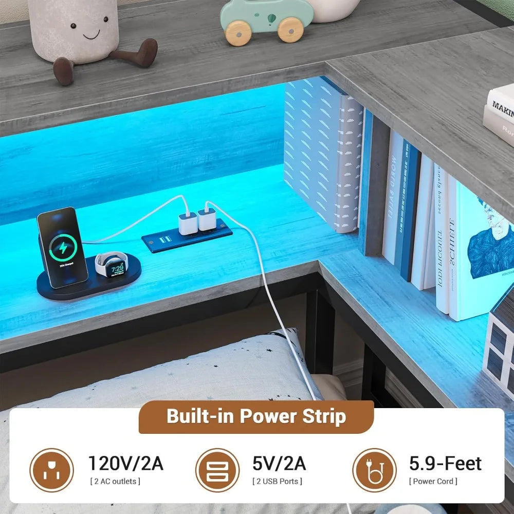 Twin Corner Bed Frame with Storage Drawers, Bookcase Headboard, Charging Station & LED Lights for Kids Teens