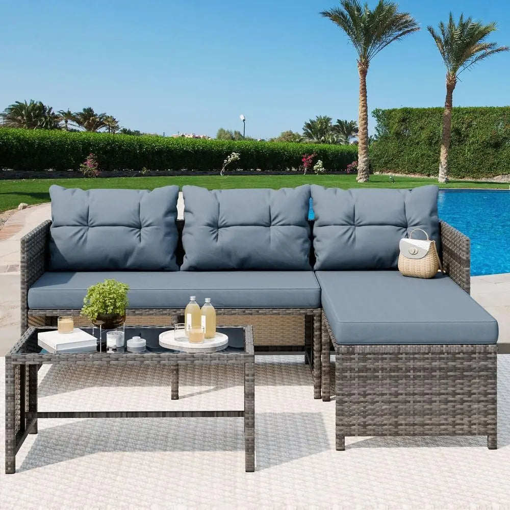 All-Weather Wicker Patio Furniture Set, Blue Outdoor Sofa Sectional with Cushions and Glass Table for Small Garden Conversation