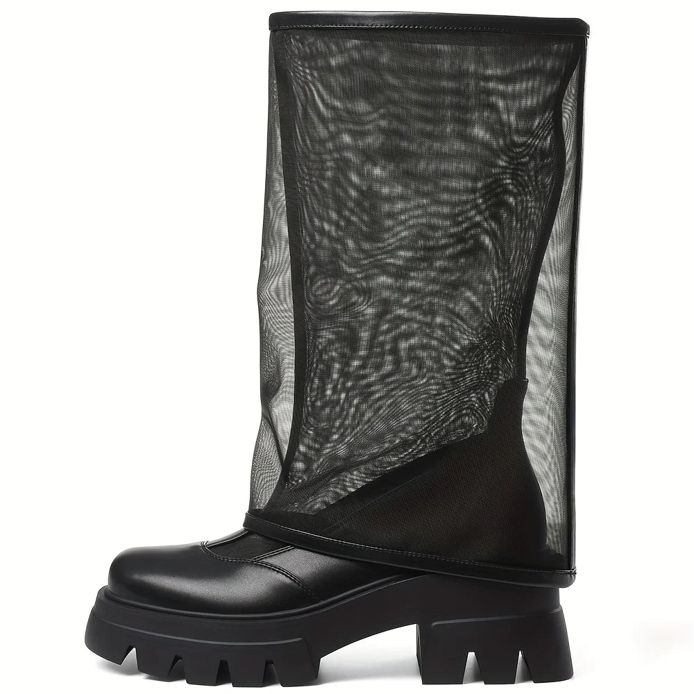 Women's Mesh Knee High Boots Fashion Platform Chunky High Heels Pull on Casual Comfy Boots Woman