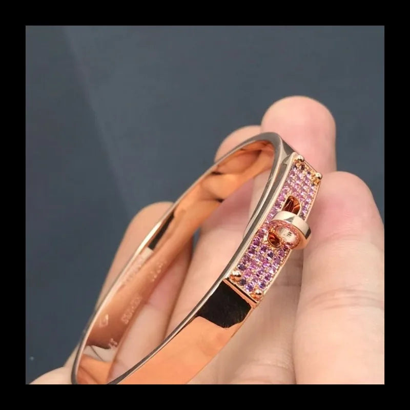 High Version Sterling Silver Kelly Pig Nose Full Diamond Bracelet Swing Button Gypsy Lock Rose Gold 18k Couple