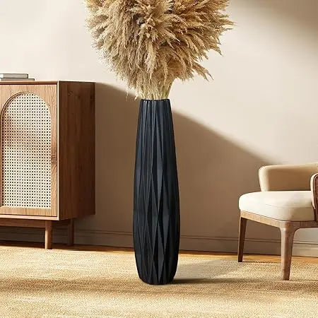 Large 24 Inch Black Matte Floor Vase - Modern Minimalist Home Decor for Living Room with Pampas Grass Arrangement