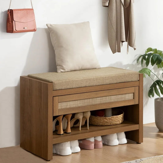 SICOTAS Rattan Shoe Bench Entryway Bench with Storage Drawer and Linen Seat Cushion, Farmhouse Boho Shoe Rack with Shelf, Wooden