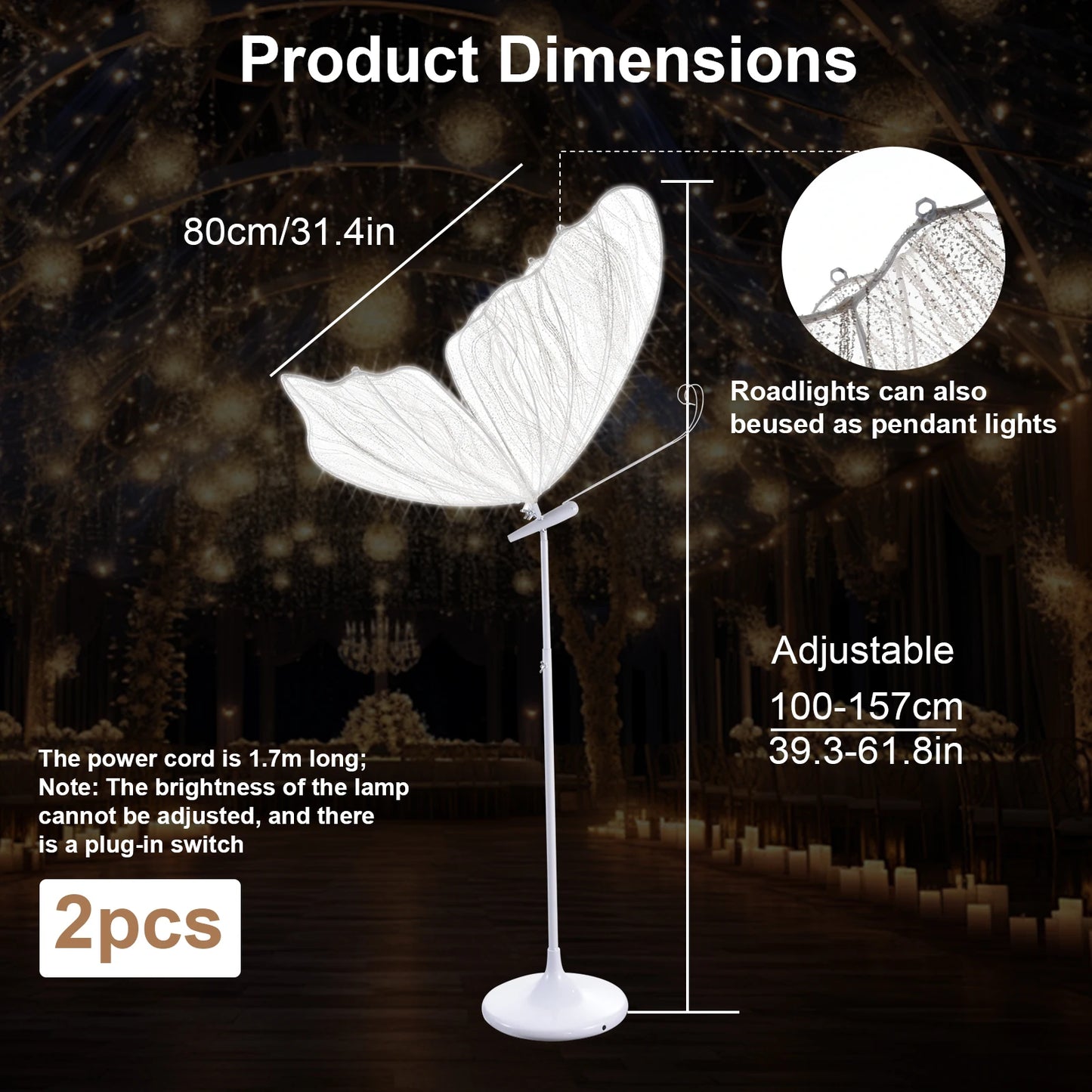 2pc LED Butterfly, Creative Lighting Wedding Floor Lamps, Romantic Butterfly Ceiling Light Decoration Props for Wedding Party