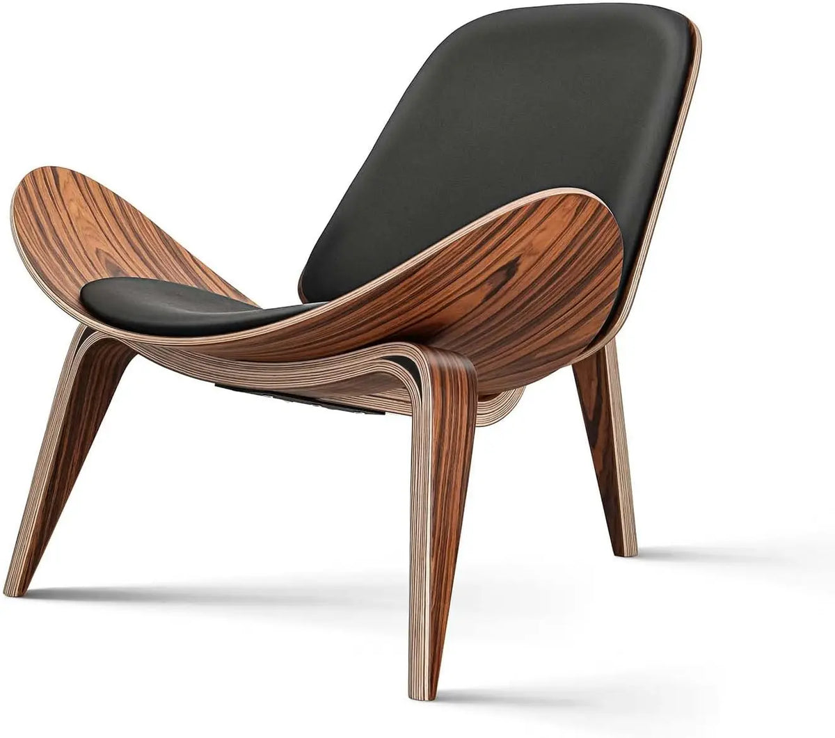 Mid Century Modern Shell Lounge Chair, PU Leather, Tripod Plywood Classic Design Solid Wood Accent Chairs for Living Room