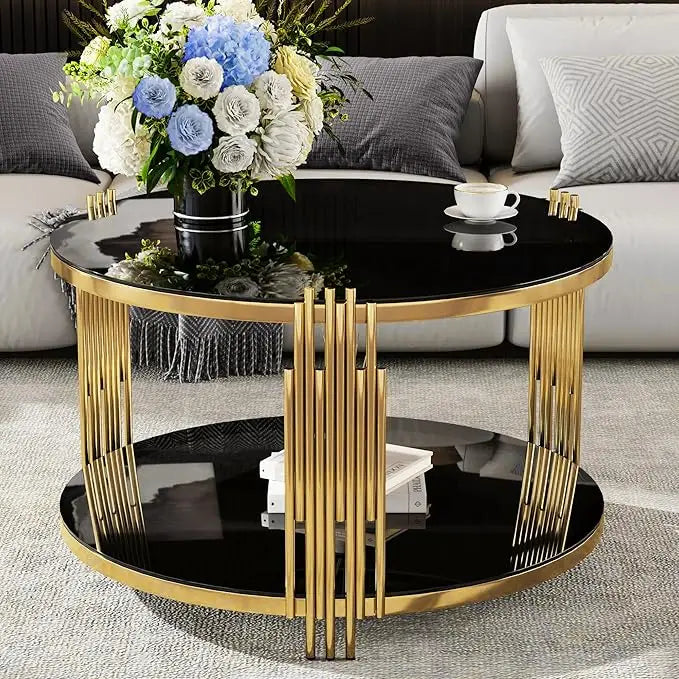 Gold Glass Coffee Table Black Round Modern Living Room Table, Luxury Stainless Steel Irregular Leg Tempered Glass Top, Sofa Cent