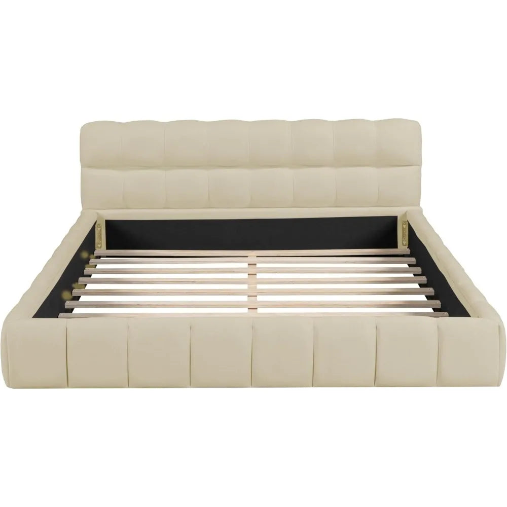 Merax Contemporary Queen Size Linen Wingback Bed Frame, Low Platform Design, No Box Spring Needed, Beige Upholstery