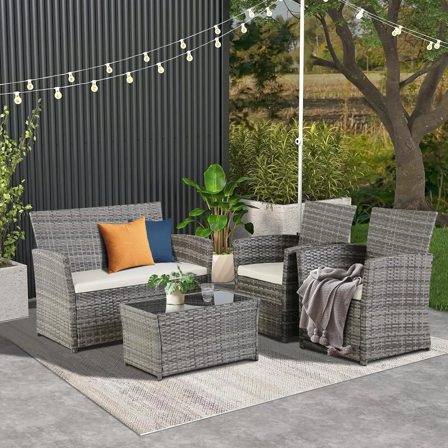 Patio Outdoor Furniture 4 Pieces Sectional Sofa Set Balcony Furniture Wicker Rattan Chairs with Table and Loveseat for Garden