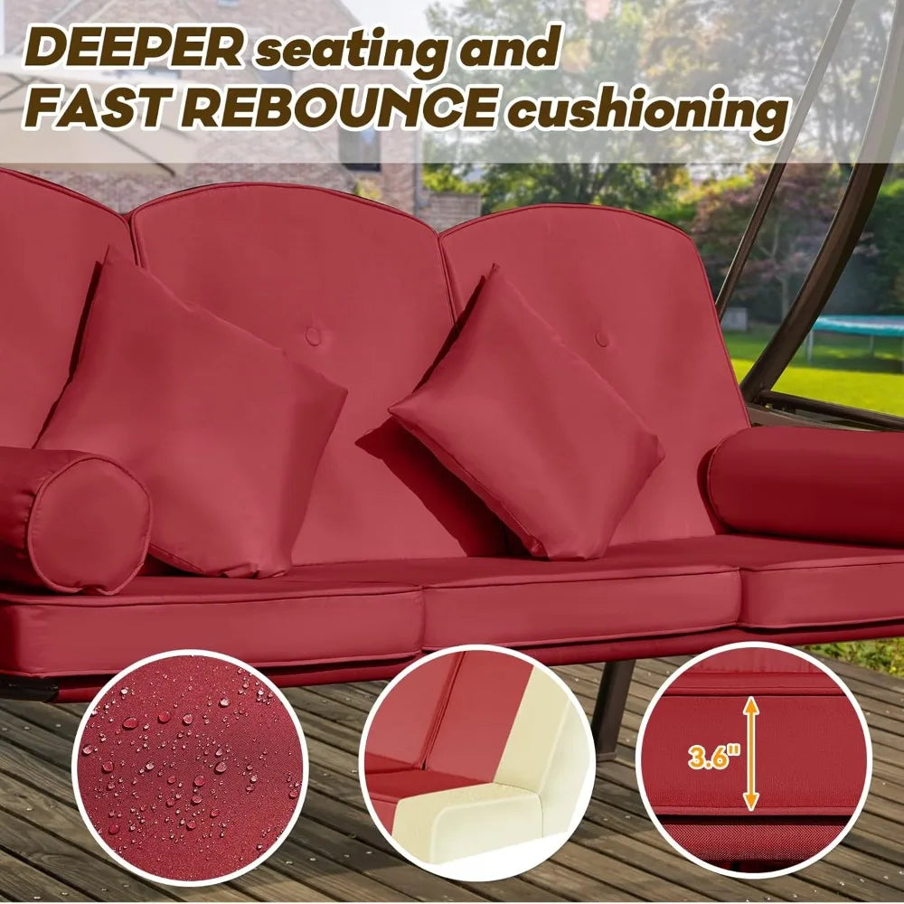 3 in 1 Outdoor Porch Swing with Adjustable Canopy, 3 Seat Outdoor Swing for Adults, Patio Swing Chair with Thickened Cushions