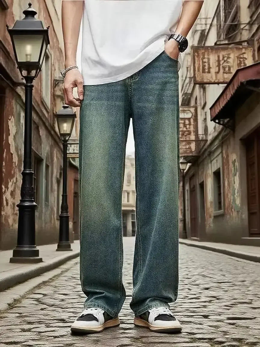 New Streetwear Loose Jeans Men Korean Fashion retro Denim Pants Solid wash Casual straight tubeTrousers Men Brand Clothing Wear