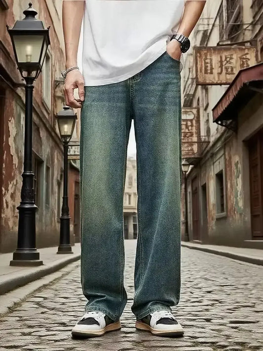 New Streetwear Loose Jeans Men Korean Fashion retro Denim Pants Solid wash Casual straight tubeTrousers Men Brand Clothing Wear