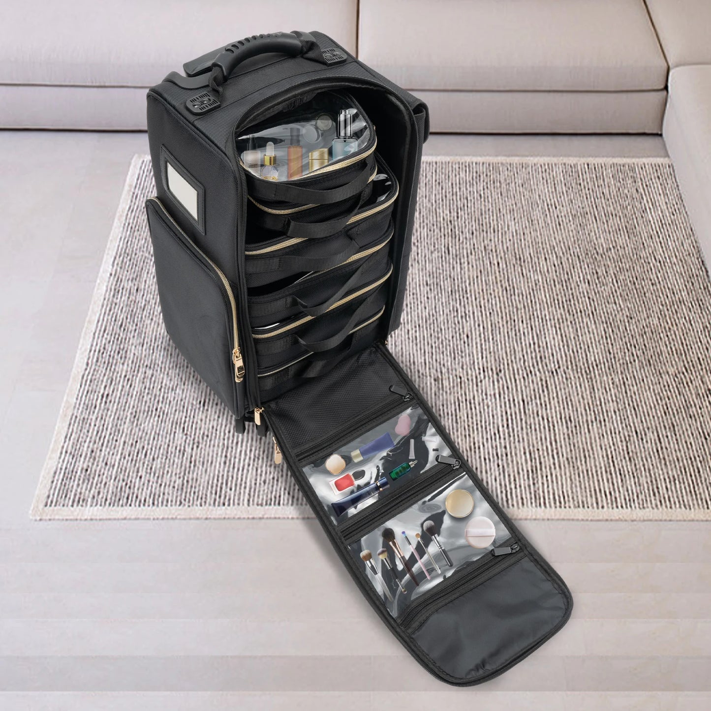 Rolling Makeup Train Case Cosmetic Storage Organizer with 6 Removable Cosmetic Bags Rolling Trolley Cosmetic Case for Makeup