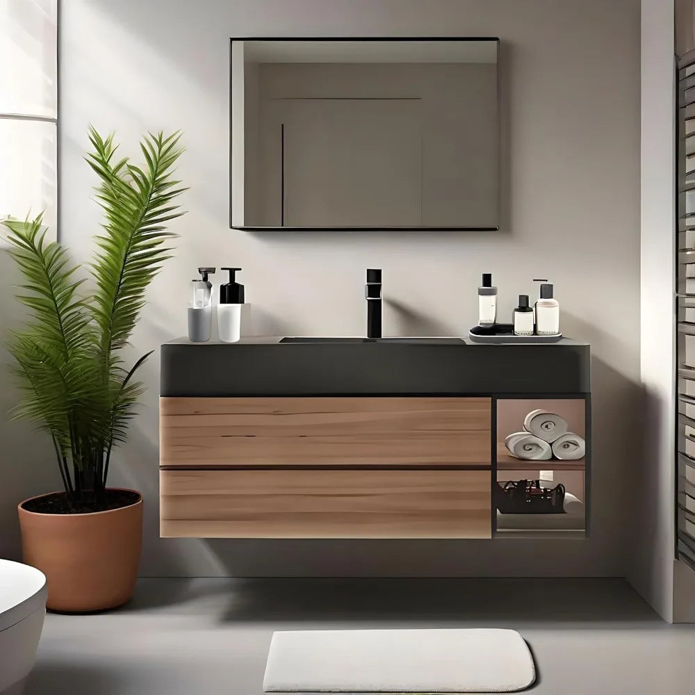 Floating Bathroom Vanity with Sink,Wall Mounted Cabinet with Seamless Integrated Basin,Walnut Color, Solid Wood Bathroom Cabinet