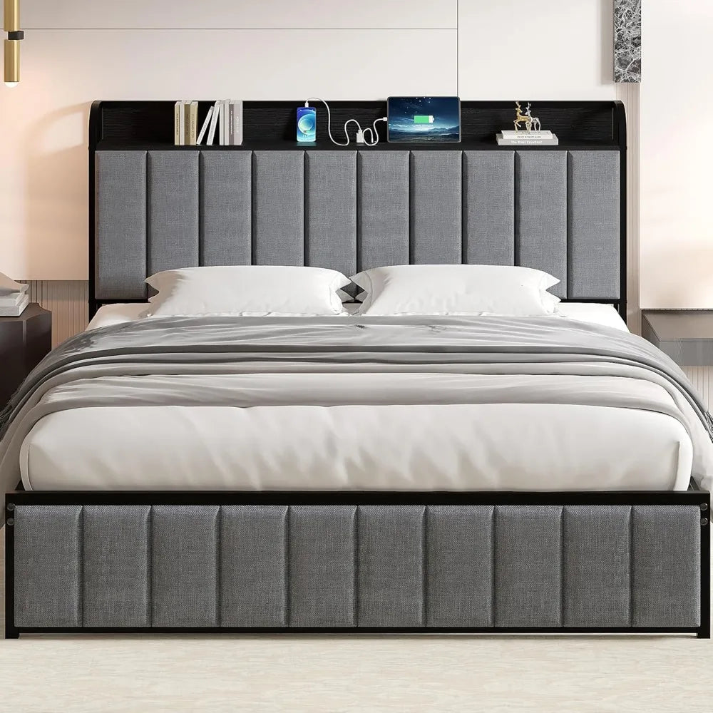 VECELO Storage Platform Bed Frame with Upholstered Headboard and Charging Station, Metal Slat Support, No Box Spring Needed