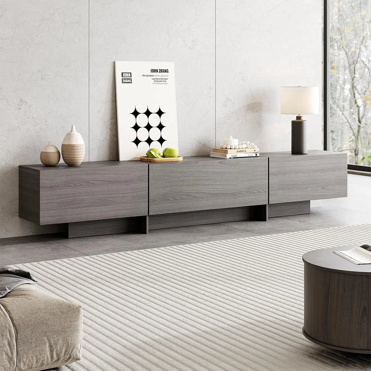 76.4'' Modern TV Console & Coffee Table Set, 4-Drawer Storage, Grey Oval Living Room Furniture