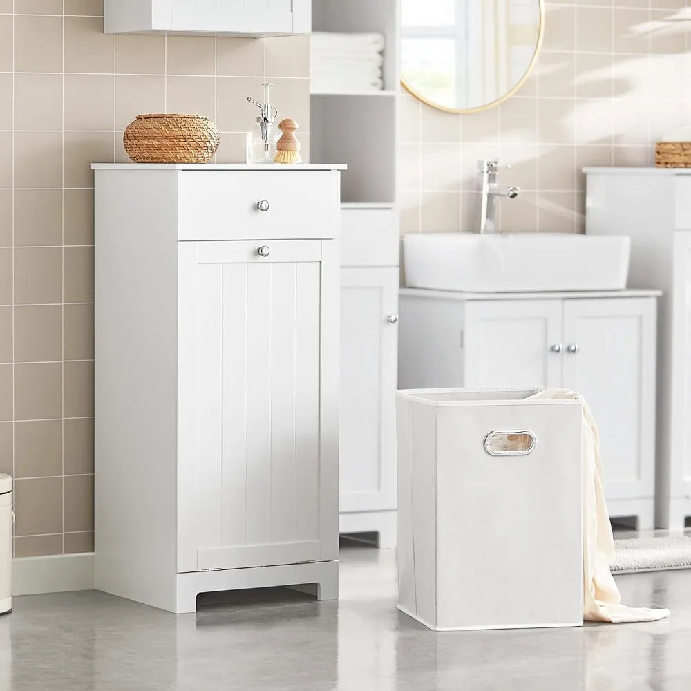 Narrow Space-Saving Tilt-Out Laundry Hamper Cabinet with Pull-Out Bathroom Storage, Shelf & Drawer for Compact Living
