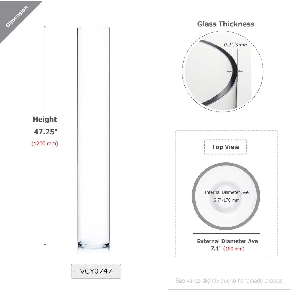 Clear Tall Cylinder Glass Vase Bulk, Open Width 7, Height 26, Large Floral Container, Planter, Centerpieces for Wedding Parties