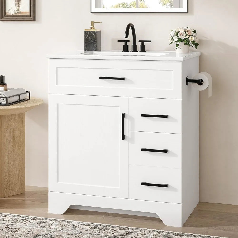 30" Bathroom cabinet with Sink, Cabinet with 2 Drawers, 1 Tip-Out Drawer and 1 Soft-Close Door, Assembly Required