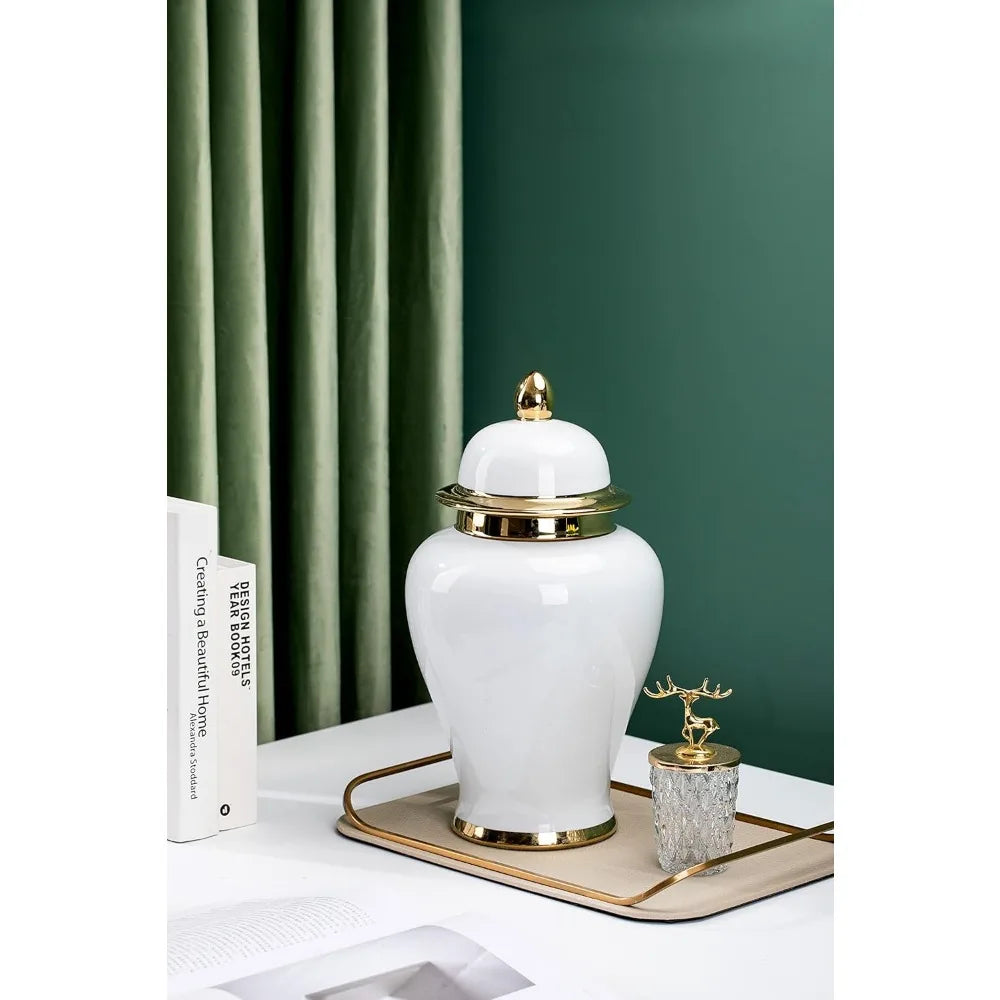 15-Inch Decorative Ginger Jar Vase with Gold Trim, Ideal for Centerpiece Table Decorations, Living Room, and Shelves
