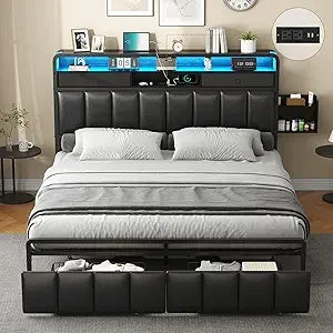 King Bed Frame with Storage Drawers, Upholstered Headboard with Hidden Storage Shelf, LED Lights and Charging Station, Metal Pla