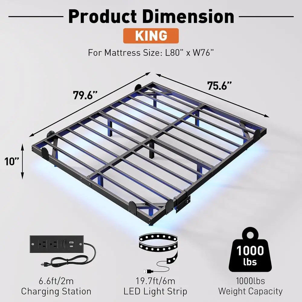 King Size 10 Inch LED Floating Bed Frame with Charging Station, Easy Assembly, No Box Spring Needed