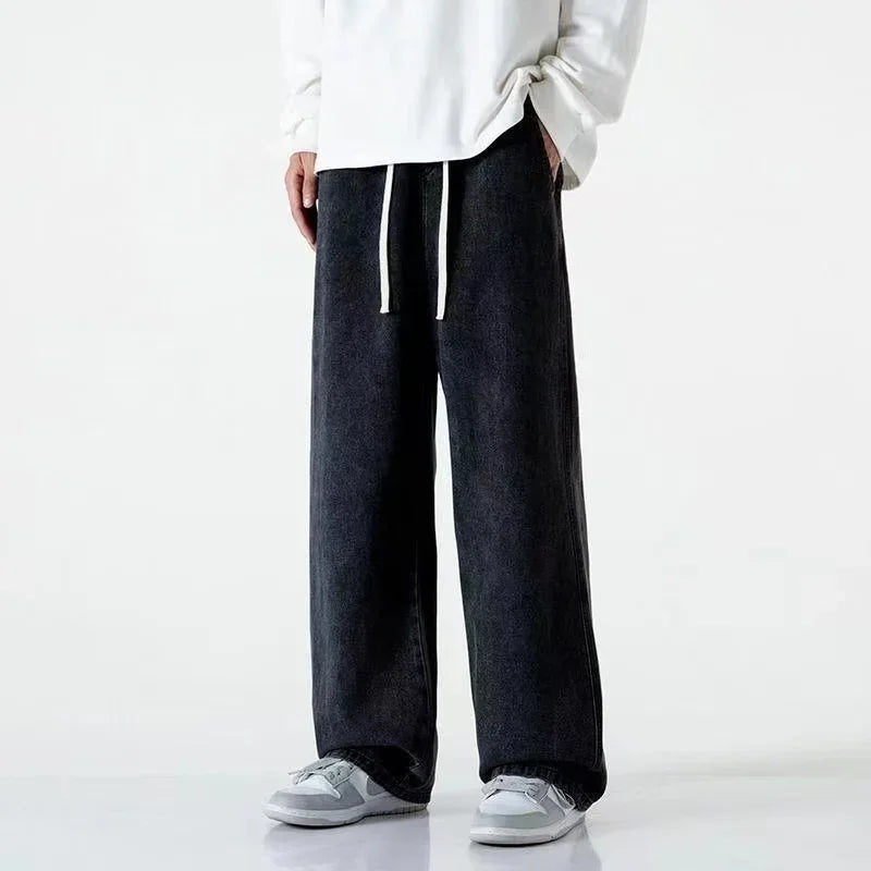 2025 Streetwear Loose Jeans Men Korean Style Fashion Loose Straight Wide Leg Pants Men's Brand Clothing Black Light Blue S-3XL