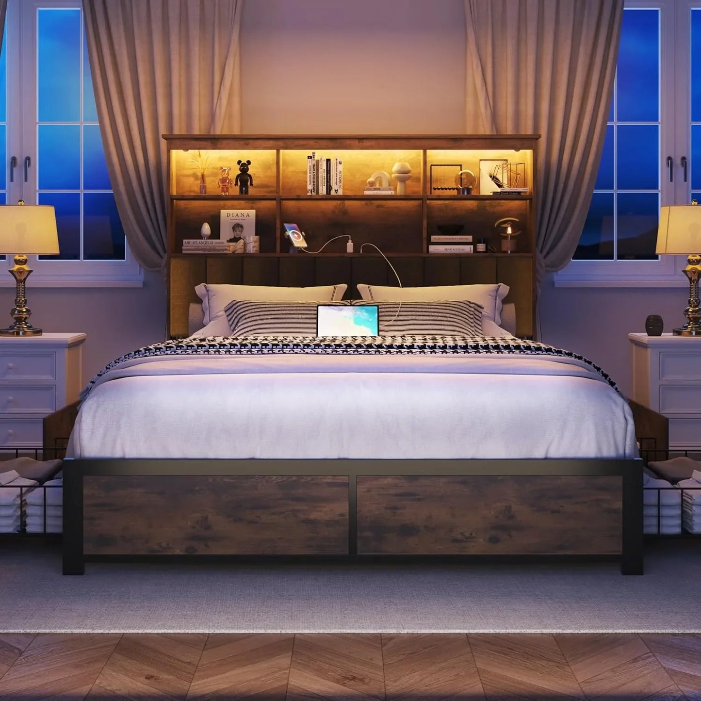 Large bed frame with headboard, high storage bookshelf headboard, 4 storage drawers, charging station and LED, vintage brown