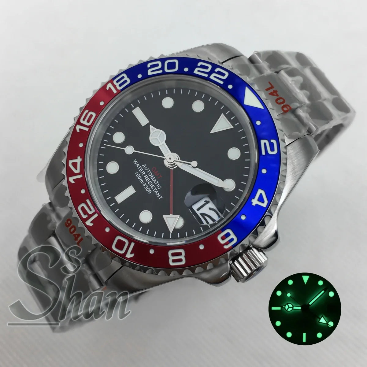 Customized logo luxury 40mm NH34 GMT mechanical watch ceramic bezel sapphire glass green luminous dial water-resistant to 10ATM