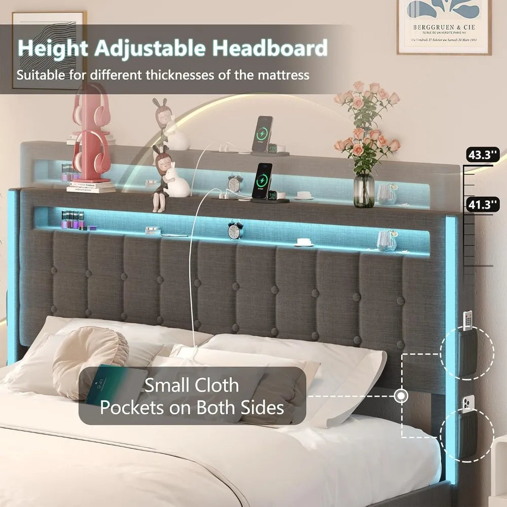 Queen Size Upholstered Platform Bed Frame with Storage Drawers, LED Lights, and Charging Station for Enhanced Convenience