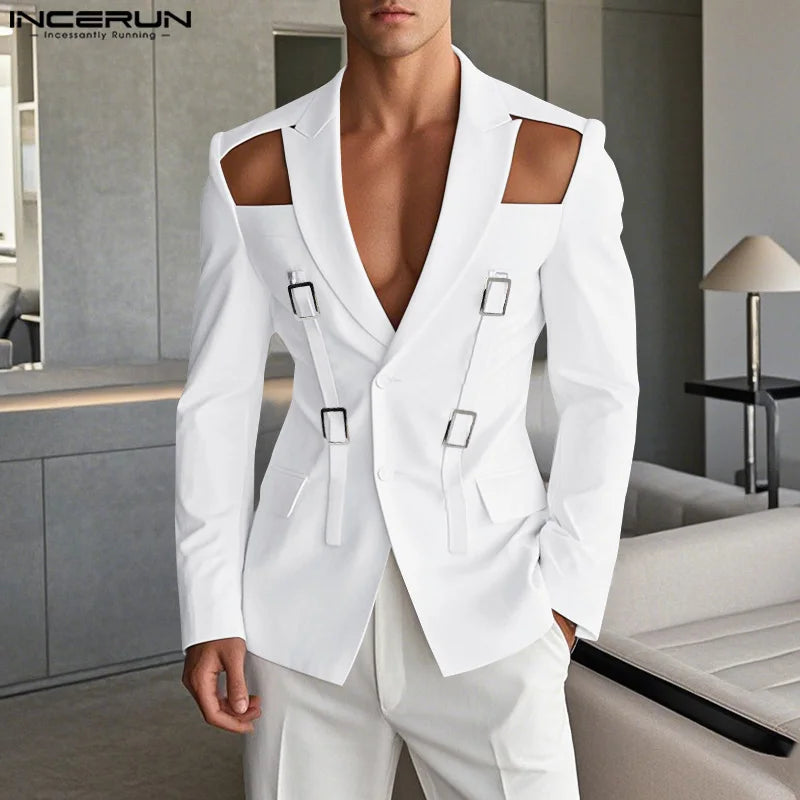 Men's Clothing Fashion Hollow Out Men Blazer Vintage Solid Lace-Up Suits Streetwear Tops Casual Autumn Summer Blazer Oversized