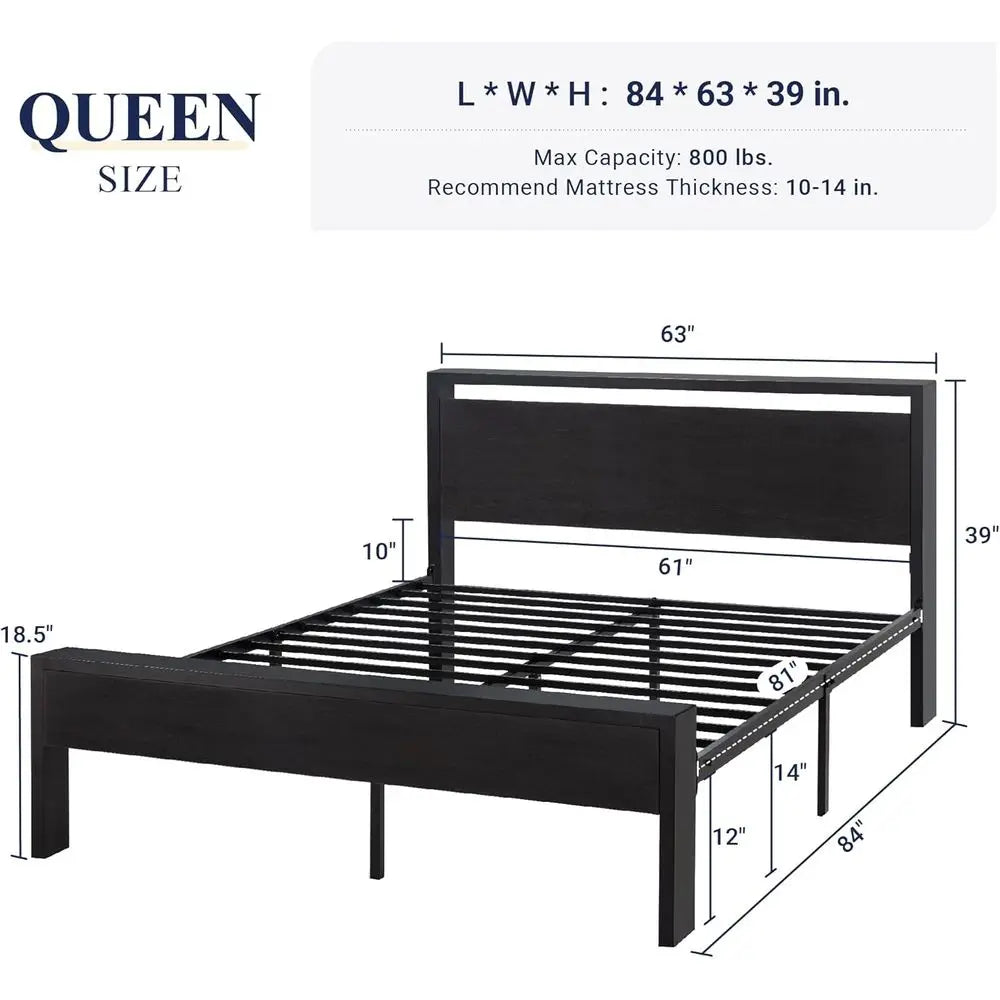 Queen Platform Bed Frame with Wood Headboard & Footboard, 12-Slats Support, No Box Spring, Storage, Easy Assembly, Black Oak