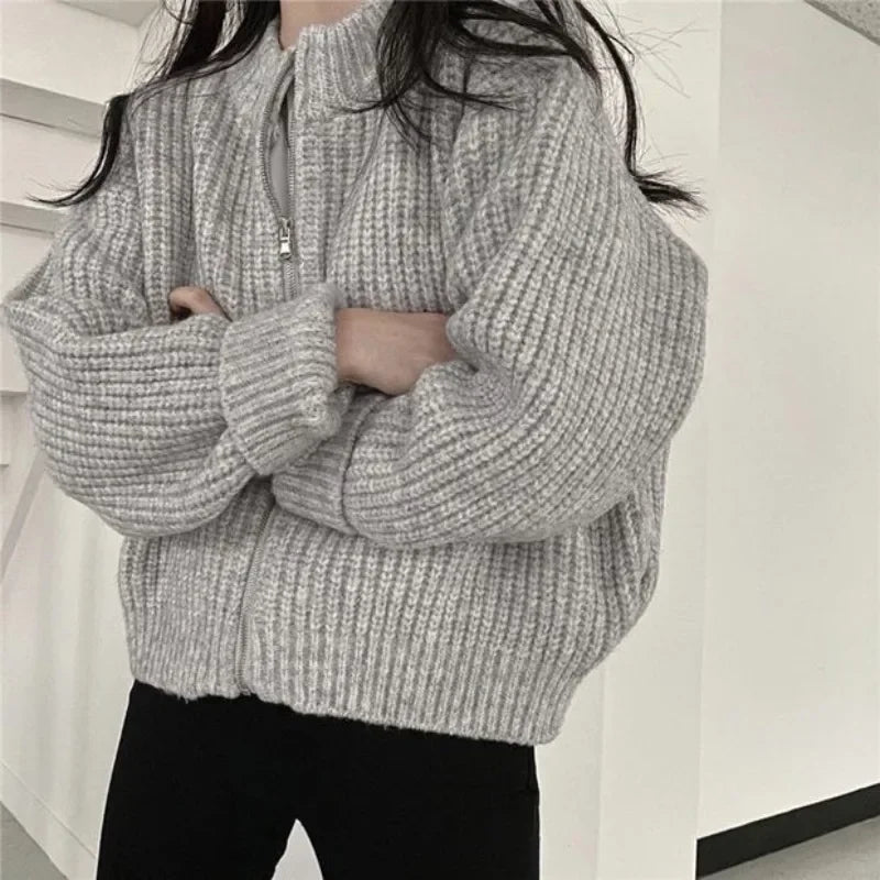 Autumn Elegant Cardigan Zipper Knitwear Winter New Women's Crew Neck Knitted Long sleeved Sweater Solid Color Casual Top