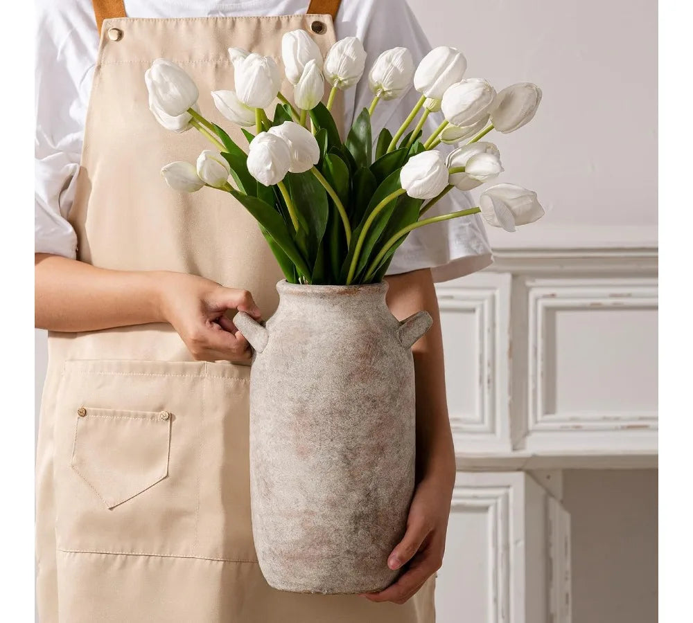 Large Ceramic Farmhouse Vase 12 Inch Tall Rustic Home Decor with Handle for Living Room Kitchen