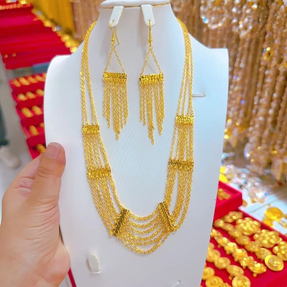New Dubai Spain USA 24K Gold Plated Alloy Necklace Earrings Wedding Party Women's Jewelry Set YY10676