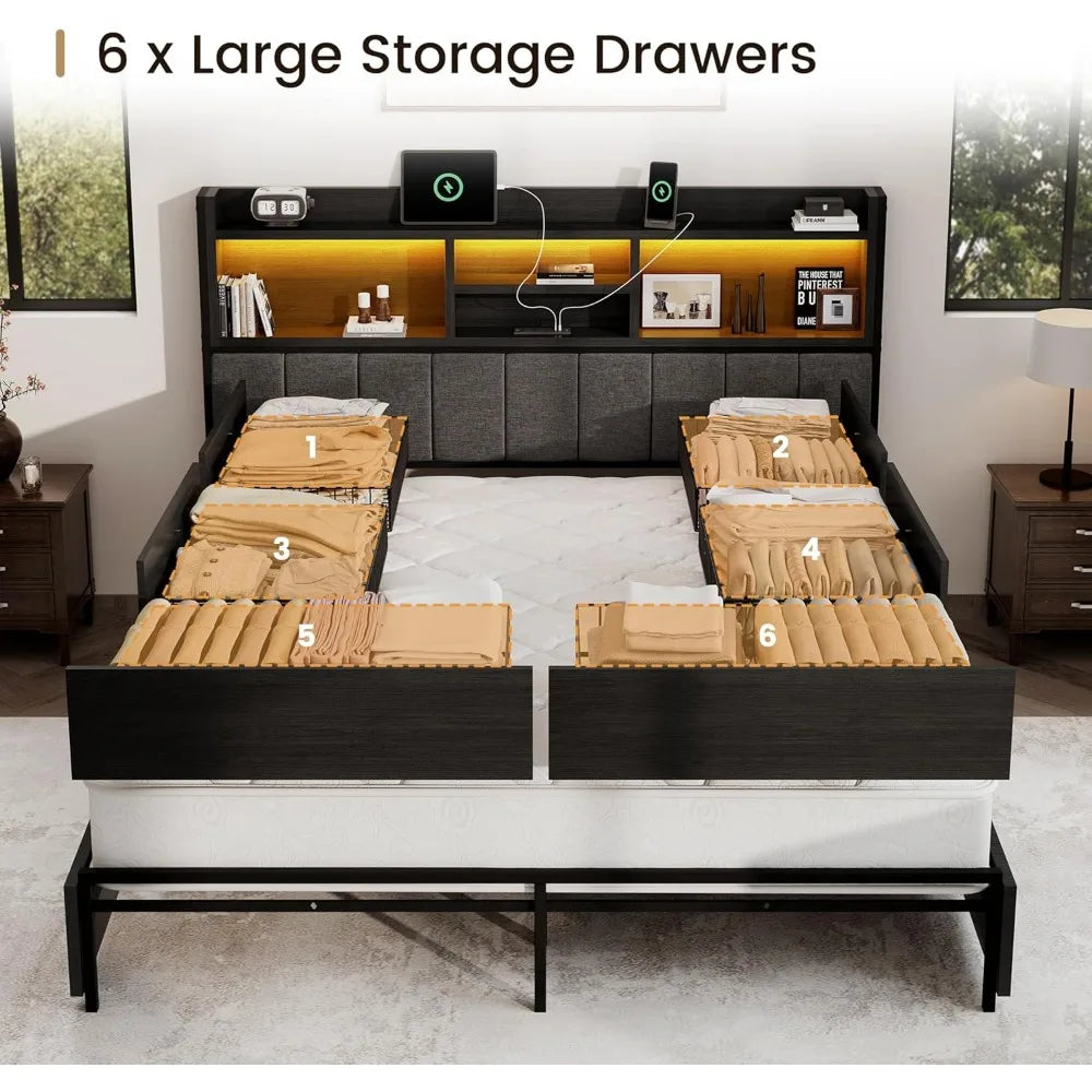 Queen Bed Frame with 6 Storage Drawers, Linen Upholstered Headboard, Built-in USB Charging Station & LED Lighting, Silent Metal